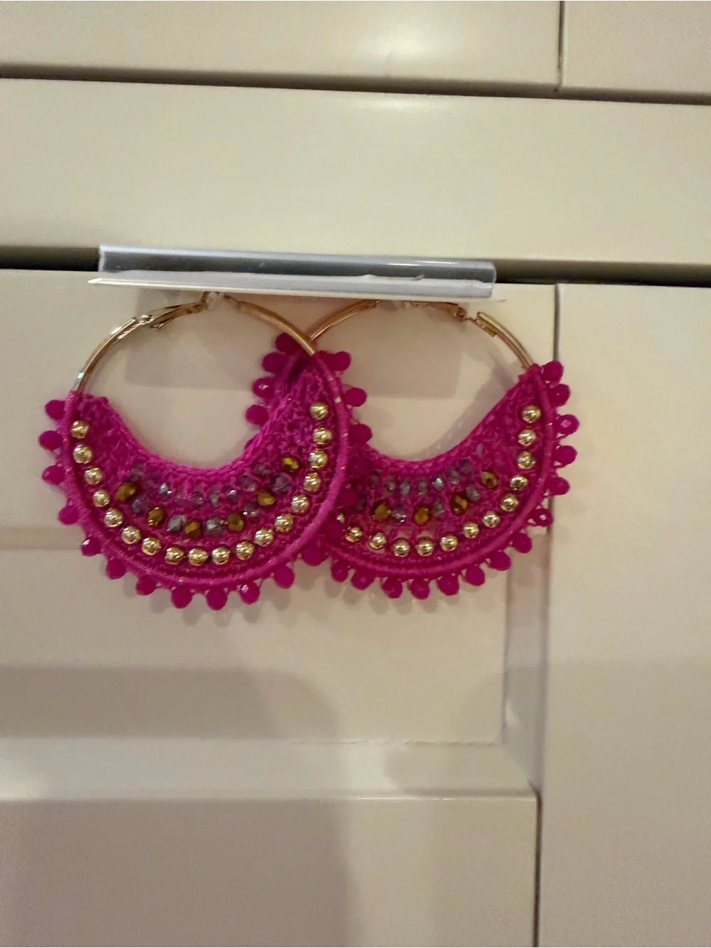 New Lilly Pulitzer Bougainvillea Pink Crochet & Bead Hoop Statement Earrings